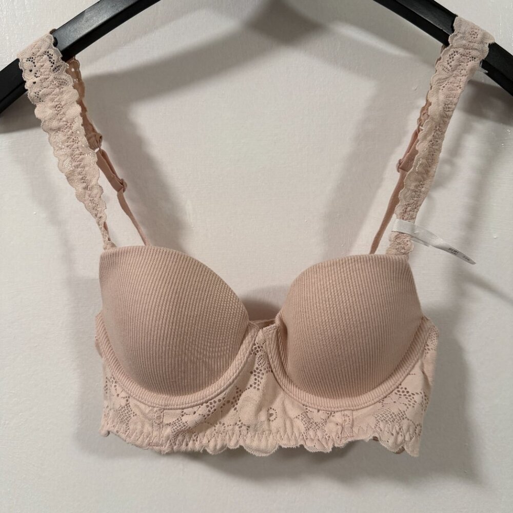 Aerie Light Pink Ribbed Real Happy Underwire Lace Convertible Demi Bra Size 32B